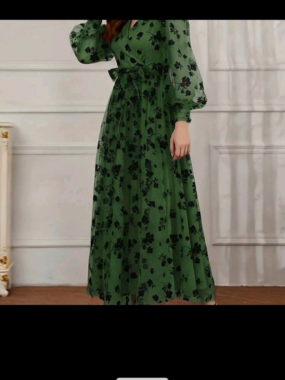 SHEIN Green Floral Tie-Waist Maxi Dress
